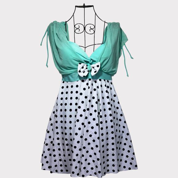 Polka Dot One Piece Swim Dress Boy Shorts Size US 6 Turquoise Black White - Picture 2 of 11